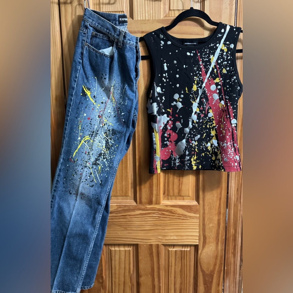 Express Blue Straight Leg Jeans with Paint Splatter